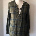 Sanctuary pullover top green blue plaid longline side slit tie front Photo 0