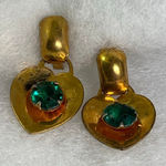 Vintage 1940’s gold tone heart drop earrings faux emerald centers. Photo 0
