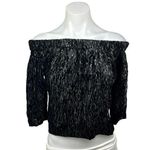 H&M Black Velvet Striped Pattern Off Shoulder 3/4 Sleeve Cropped Blouse Top Sz 6 Photo 0