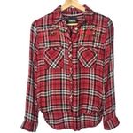 Nanette Lepore Red Floral Beaded Plaid Long Sleeve Button Down Flannel S Photo 0