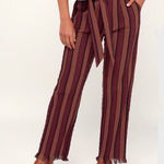 Lulus NWT Renfroe Burgundy Striped Pants Paper Bag Wide Leg Raw Hem Belted XS Photo 0