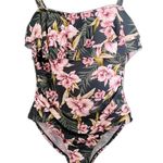 Kona Sol  One Piece Ruffled Bathing Suit Tropical Print Swim Women’s Size Large Photo 3