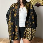 90s vintage black gold silk floral patchwork kimono style button shirt jacket Size L Photo 0