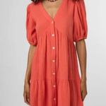 FRNCH Short Sleeve Tiered Mini Dress 100% Cotton Crinkle Beachy CORAL PINK Sz M Photo 10