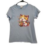 Gildan Kawaii Anime Kitty Calico Cute Cat Boba Tea Blue Graphic T-Shirt Size Small Photo 0