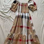 Plaid Puff Sleeve Maxi Dress Tan Photo 0