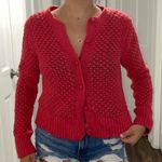 LL Bean Coral Red Cardigan Sweater Chunky Knit Button Up Lg Lagenlook Preppy Photo 0