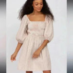 BIBI | Taupe Striped Smocked Puff Sleeve Dress White Size XL Photo 5