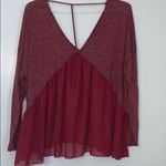 Long Sleeve Plunge Neck Asymmetric Swing Blouse Red Size M Photo 3