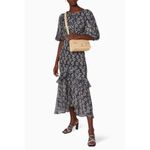 RIXO Cheryl 100% Silk Floral Puff Sleeve Ruffle Trim Tiered Midi Dress Small Blue Photo 11