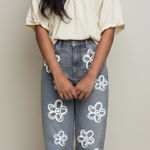 EUC Romwe High Rise Straight Legged Denim Jeans Flower Print Design Sz M (US 6) Blue Photo 0