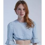 We Wore What Crop Top Women's Medium Blue Denim Bell Sleeves Elastic Pullover NWT Photo 9