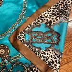 VINTAGE Leopard Print NWT TURQUOISE SQUAR SILKY SCARF hand rolled edges 35/35 Photo 13