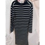 Striped Knit Collared V Neck Midi Sweater Dress Black White Long Sleeve Size L Photo 9