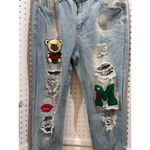 Light Wash Distressed Denim Jeans with Teddy Bear M and Lips Patches Blue Size 32 Photo 2