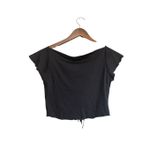 Armani Exchange Black Top Square Neck Flutter Sleeve Drawstring Tie Front Blouse Cute Photo 4