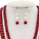 RED & IVORY MULTI ROW NECKLACE & EARRING SET Photo 1