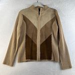 Vtg Small S Leather Patchwork Full Zip Ribbed Sweater Designer Studio Originals Brown Photo 1