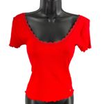 Guess  Red Lace Trim Ribbed Lettuce Hem Short Sleeve Cropped Top Women's M Photo 0