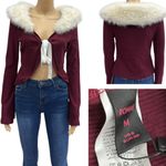 Romwe Faux Fur Removable Collar Burgundy Ribbed Knit Tie Front Bell Sleeve Cardigan M Photo 1
