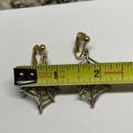 Gold Tone Rhinestone Spider Web Dangle Drop Clip On Earrings Halloween Photo 8