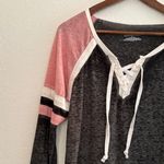 Bobbie Brooks Pink Black Lace Up Long Sleeve Top Medium Casual Pullover Shirt Photo 3