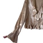 Bloomingdales Vintage Satin Ruffle Peplum Blouse SZ L Poet Sleeve Tan V Neck Button Up Romanti Photo 2