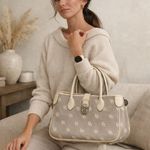 Dooney & Bourke  Monogram Canvas Leather Trim Satchel Bag Cream Beige Pink Liner Photo 0