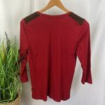 Ralph Lauren  Red Long Sleeve Ribbed Leather Shoulder Crewneck Tee T Shirt Top L Photo 1
