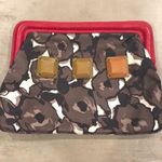 Vintage Boden Floral Clutch.Silk floral print. Red leather trim. Big brown beads Photo 0