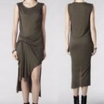 All Saints Small Riviera Midi Dress Ruch Asymmetrical Olive Green Photo 1