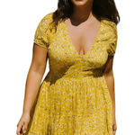 Floral Midi Dress PS Yellow Short Sleeve Deep V Neck Casual Spring Boho Chic Size 4P Photo 0