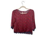 Lush Clothing Lush Lightweight Geometric Top Lace Trim Red Blue Keyhole Satiny 3/4 Sleeve XS Photo 1