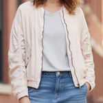Free People  Blush Pink Linen Oversized Ruched Back Sleeves Bomber Jacket Large Photo 0