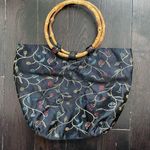 Vintage Asian Black Floral Embroidered Bamboo Handle Small Hand Bag Photo 3
