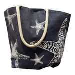 Navy Jute Starfish Beach Tote Bag Rope Handles Coastal Summer Travel Blue Photo 0