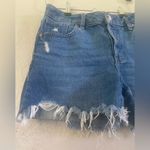 EXPRESS Boyfriend Midi MidRise Denim Shorts Button Fly Sz 8 Raw Hem Distress Photo 2