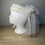 Vintage Wedding Veil Hat White Cream Faux Pearl Lace Double Veil Beaded Photo 1