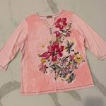 Y2K Blue Canyon Henley Top Women’s 1X Pink Floral Bird Print Rhinestone V Neck Photo 0
