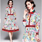 NEW Dalia Macphee Floral Pleated Fit Flare Midi 50s Dress Small Retro Rockabilly Red Photo 1