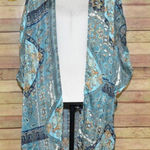 Umgee Ladies S/M Sheer Aqua Blue & Gold Pretty Print Open Front Kimono Cardigan Photo 0
