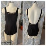 Longitude Vintage Black Gold One Piece Swim Suit With open Back-See Measurements Photo 1