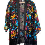 DRAPERS & DAMON KIMONO COVER UP JACKET COAT 1X FRINGE‎ MULTICOLOR FLORAL Boho Black Photo 0