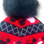 Disney Hat Minnie Mouse Fair Isle Print Red Black Fleece Lined Black Pompom Photo 1