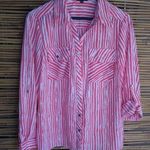 Notations LP Paint Brush Striped Pocketed Semi-Sheer Top Petite Coral Red White Photo 0