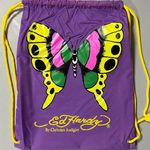 Ed Hardy by Christian Audigier Purple Neon Butterfly Moth Graphic Drawstring Backpack Pouch Sack School Bag 🦋✨ Photo 0
