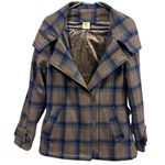 V Los Angeles Wool Blue Gray Plaid Zip Pea Coat Jacket Hooded Double Breasted L Size L Photo 0