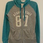 Aeropostale Vintage  87 Full Zip Up Hoodie Gray and Teal Reglan Sleeves A144 Photo 0