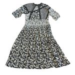 Diane Freis Georgette Black White Floral Dress Smocked Waist Asymmetrical Large Photo 0