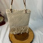 Boho‎ Macrame Purse, Ivory Cotton with Leather Straps, Long Fringe Photo 1
